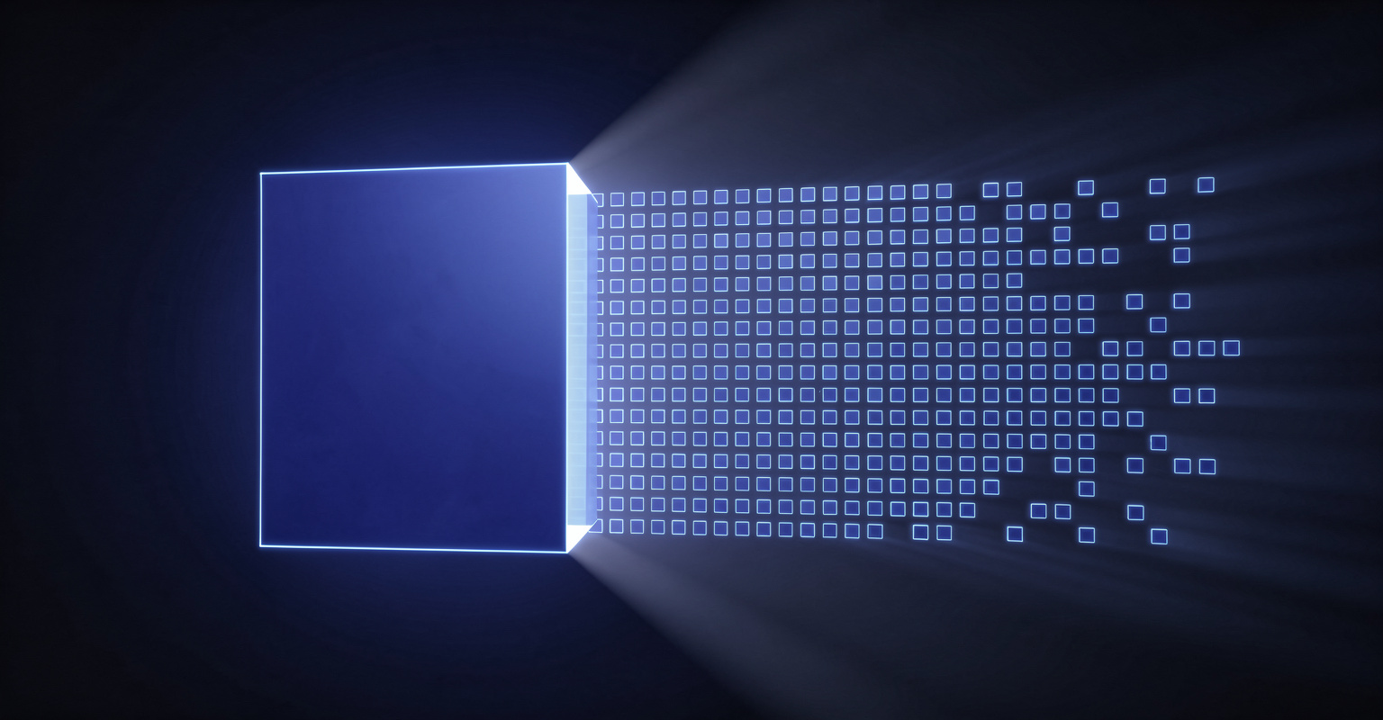 A luminous block dissolving into small ordered squares, representing 4-bit NVFP4 quantisation