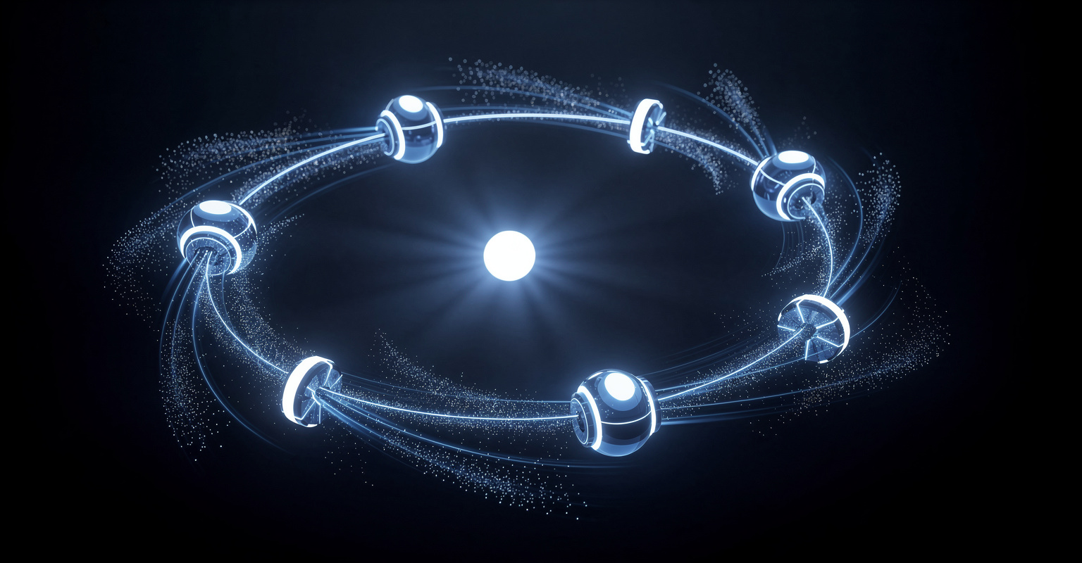 Agentic AI loop: nodes orbiting a bright core, representing plan, act and observe