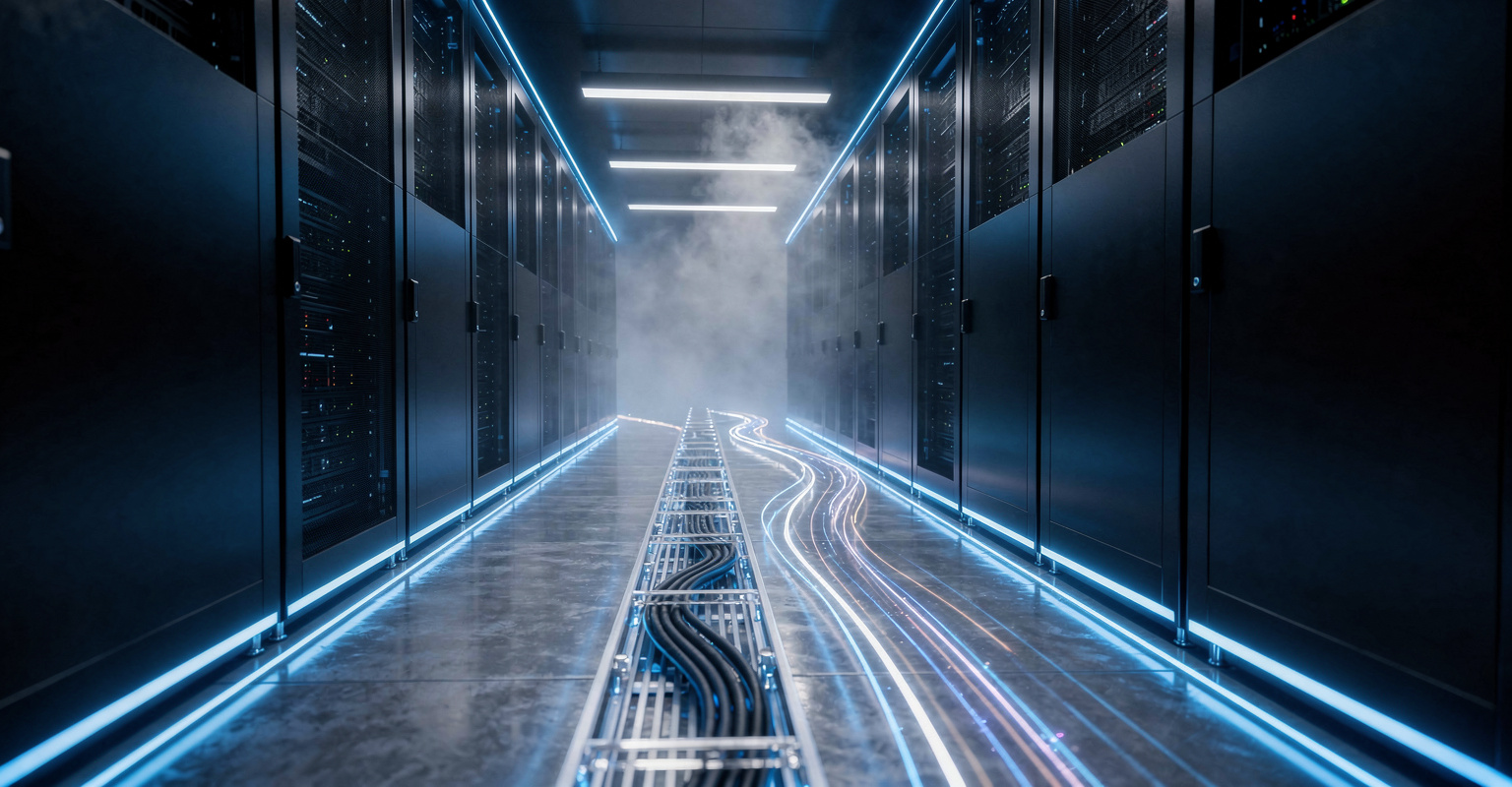 Row of NVIDIA GPU server racks in a dark EU data centre lit in TensorX blue