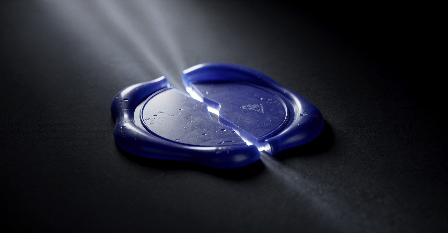 A cracked blue wax seal with light leaking from behind it, representing a promise that cannot be verified