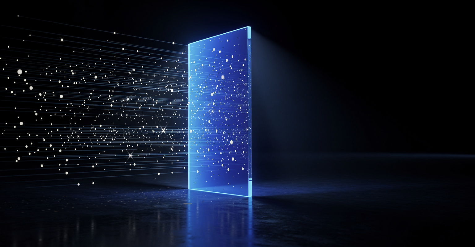 Data particles passing straight through a blue glass wall, illustrating residency without sovereignty