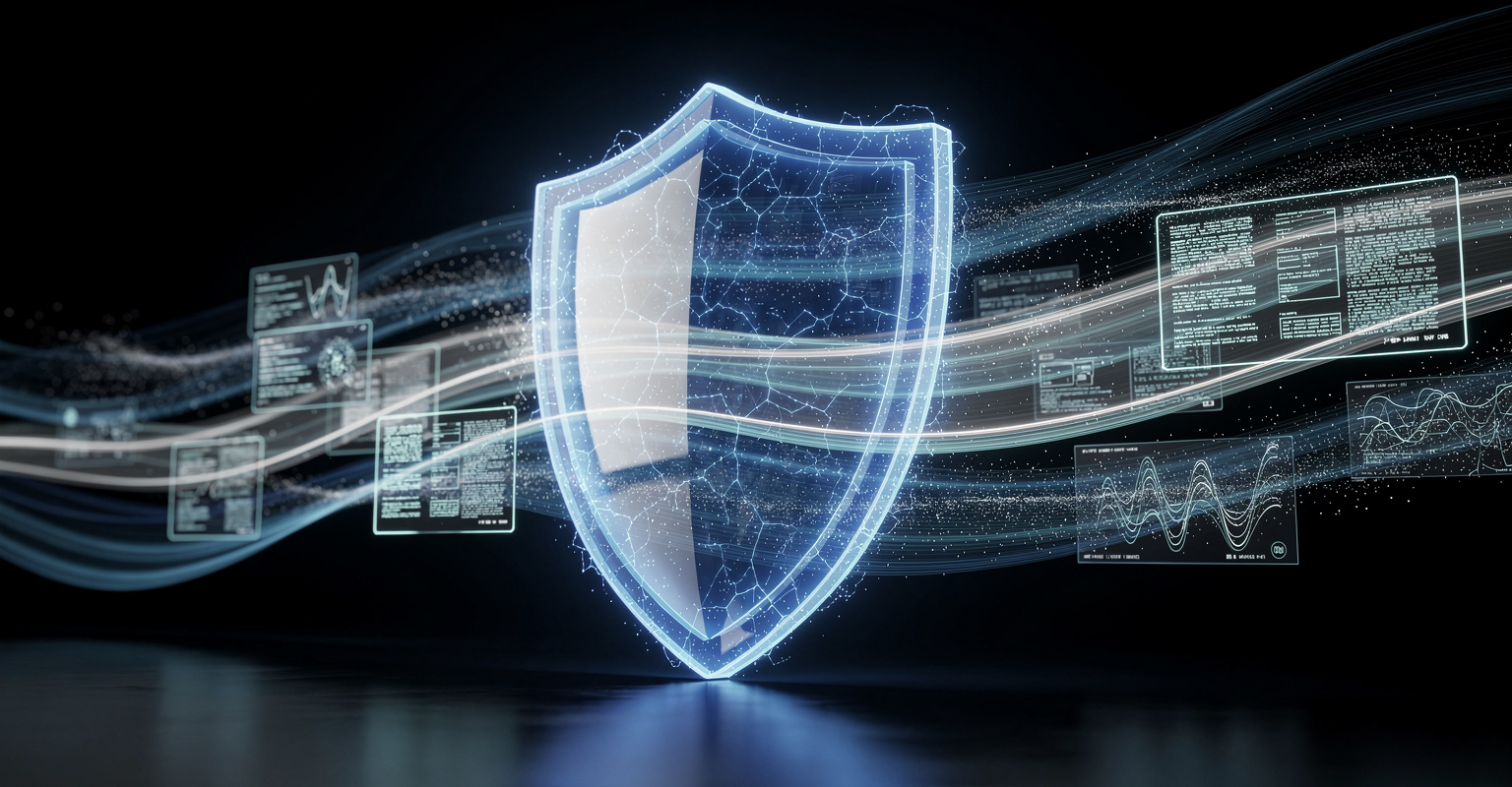 A shield of light protecting streams of documents and data, representing zero data retention